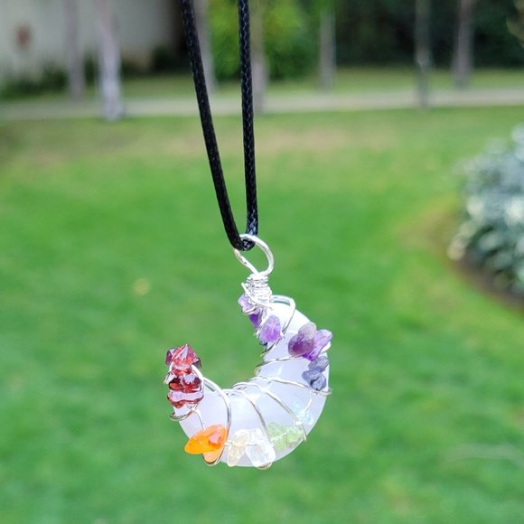 White Agate Crescent Moon 7 Chakra Pendant - Picture 4 of 6